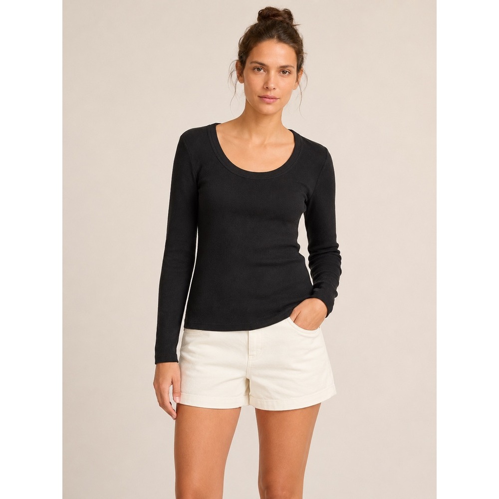 Banana Republic Womens Scoop Neck Ribbed Long‎ Sleeve Top Size S Black Essential
